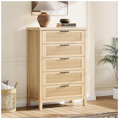 Fluted 5 Drawer Tall Dresser for Bedroom, 42.9'' Tall Wooden Chest of Drawers