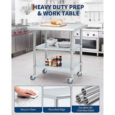 24x30 In Commercial Stainless Steel Table for Kitchen with 4 Caster Wheels, 2 Adjustable Undershelf
