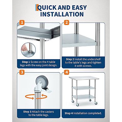 24x30 In Commercial Stainless Steel Table for Kitchen with 4 Caster Wheels, 2 Adjustable Undershelf