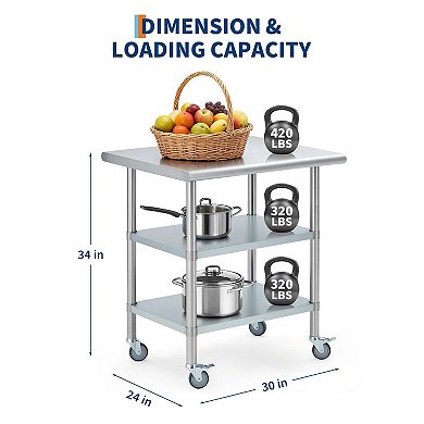 24x30 In Commercial Stainless Steel Table for Kitchen with 4 Caster Wheels, 2 Adjustable Undershelf