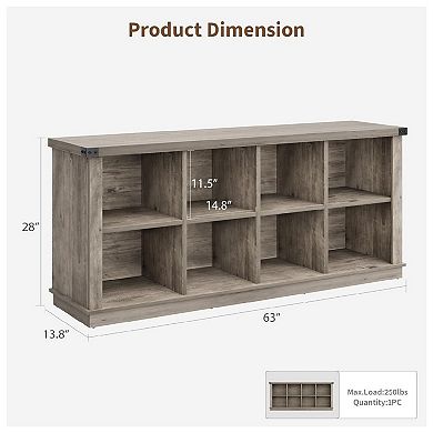 8 Cube Organizer Bookcase, Low Farmhouse Storage Shelf, Rustic Wood Grain Finish
