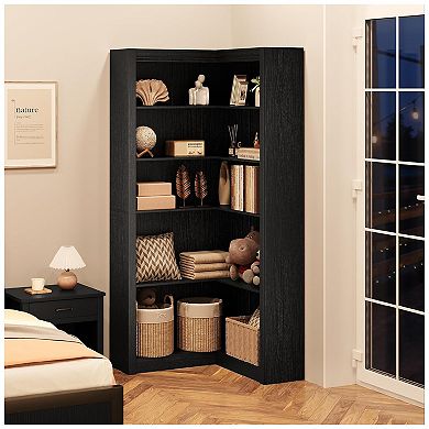 Corner Bookshelf with 5 Tier Display Shelf, Large Corner Bookcase with L-Shaped