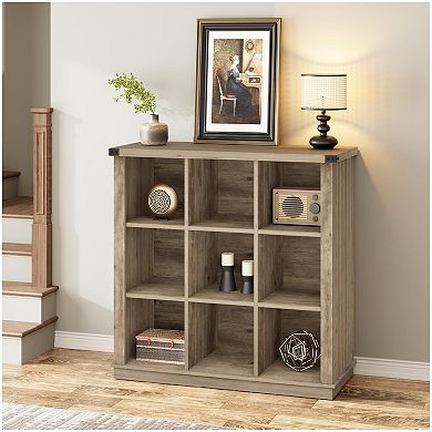 9 Cube Storage Organizer Bookshelf, 4 Tier Farmhouse Horizontal Bookcase, Wood Storage Bookcase