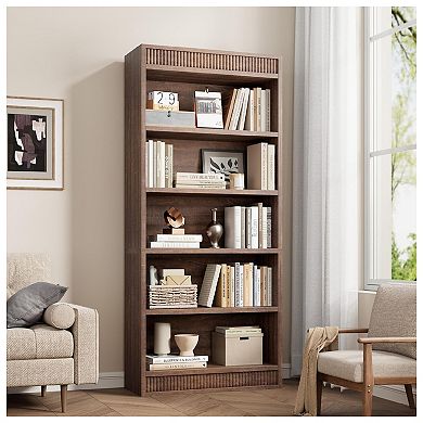 5 Tier Tall Bookshelf with Wooden Base, Wood Bookshelf Vintage Book Shelf