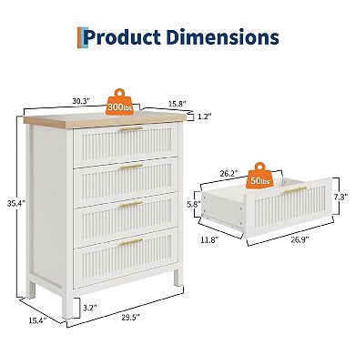 Fluted 4 Drawers Dresser for Bedroom, 35.4" Tall Chest of Dressers for Closet, 4 Fluted Drawers