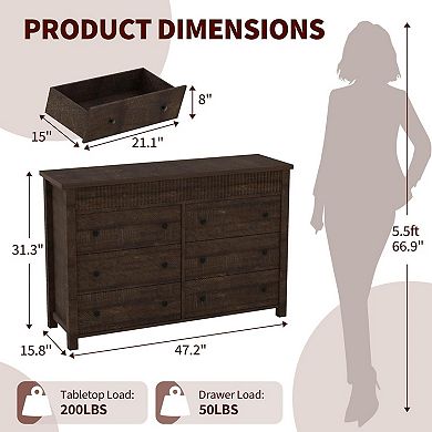 6 Drawer Dresser for Bedroom, Wooden Chest of Drawers, Fluted TV Stand, Storage Organizer