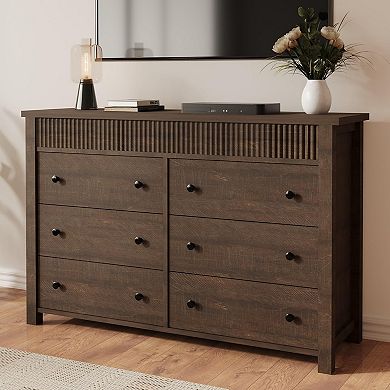 6 Drawer Dresser for Bedroom, Wooden Chest of Drawers, Fluted TV Stand, Storage Organizer