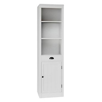 Narrow Bookcase with Door, 3 tier Open Bookshelf with 1 Pull-Out Drawer, Single-Door Cabinet