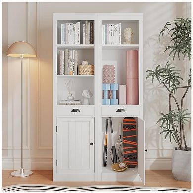 Narrow Bookcase with Door, 3-Tiers Open Bookshelf with 1 Pull-Out Drawer, Single-Door Cabinet