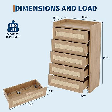 Rattan 5 Drawers Dresser for Bedroom Chest of Drawers Boho Night Stand Large Clothes Storage Cabinet