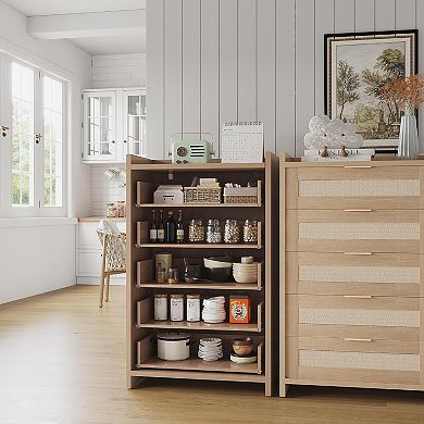 Rattan 5 Drawers Dresser for Bedroom Chest of Drawers Boho Night Stand Large Clothes Storage Cabinet