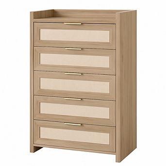 Rattan 5 Drawers Dresser for Bedroom Chest of Drawers Boho Night Stand Large Clothes Storage Cabinet