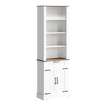 Farmhouse Bookcase, Floor Standing Bookshelves with Doors and Drawer Adjustable Shelves