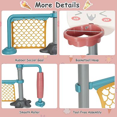 3-in-1 Kids Basketball Stand Set with Soccer and Ring Roller