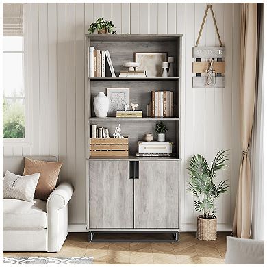 Bookcase with Doors, 5-Tier Farmhouse Bookshelf with Storage Cabinet & Adjustable Shelves