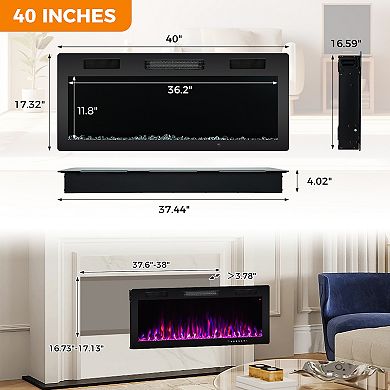40/50/60” Recessed Wall-Mounted Electric Fireplace for 2x6 Stud Walls - 40”