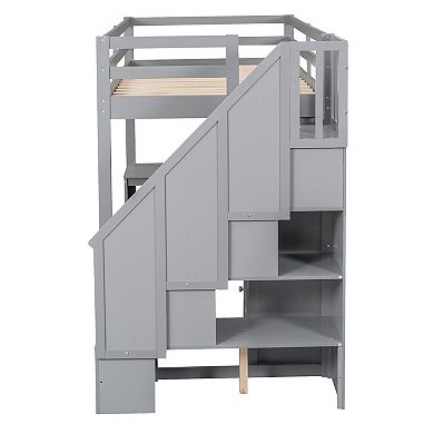 Whisen Twin Size Loft Bed with L-Shaped Desk and Drawers, Cabinet and Storage Staircase
