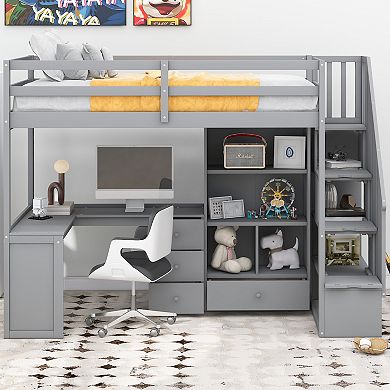 Whisen Twin Size Loft Bed with L-Shaped Desk and Drawers, Cabinet and Storage Staircase