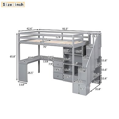 Whisen Twin Size Loft Bed with L-Shaped Desk and Drawers, Cabinet and Storage Staircase