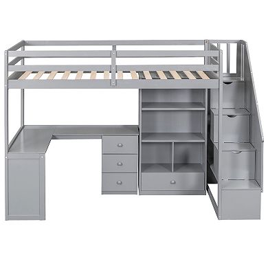 Whisen Twin Size Loft Bed with L-Shaped Desk and Drawers, Cabinet and Storage Staircase