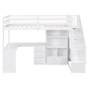 Whisen Twin Size Loft Bed with L-Shaped Desk and Drawers, Cabinet and Storage Staircase