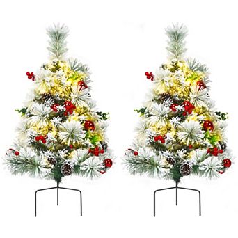 2FT Set of 2 Pre-Lit Flocked Pathway Christmas Trees Battery Operated