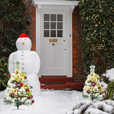 2FT Set of 2 Pre-Lit Flocked Pathway Christmas Trees Battery Operated