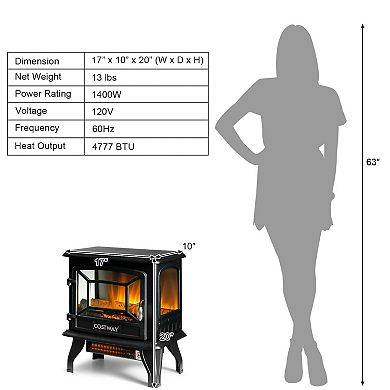 Freestanding Electric Fireplace Stove, 1400W 3 Sided Flame View