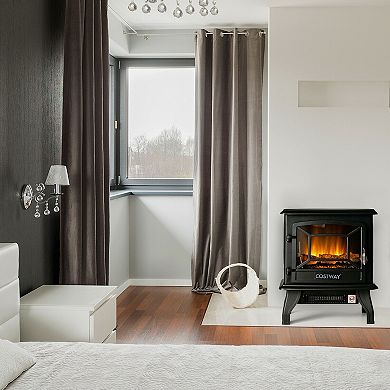 Freestanding Electric Fireplace Stove, 1400W 3 Sided Flame View