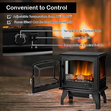 Freestanding Electric Fireplace Stove, 1400W 3 Sided Flame View
