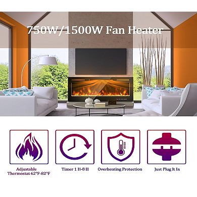 42” In-Wall Recessed Electric Fireplace with Remote & Adjustable Flame Color