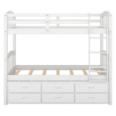 Whisen Twin over Twin Wood Bunk Bed with Ladder, Trundle and Drawers
