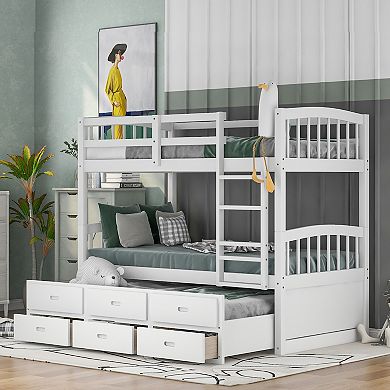Whisen Twin over Twin Wood Bunk Bed with Ladder, Trundle and Drawers