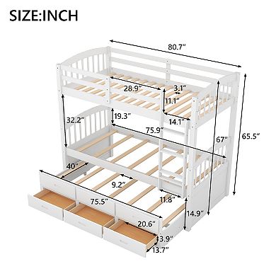 Whisen Twin over Twin Wood Bunk Bed with Ladder, Trundle and Drawers