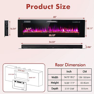 60 Inches Ultra-thin Electric Fireplace with Remote Control and Timer Function