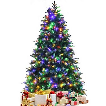 7FT Pre-Lit Snowy Hinged Christmas Tree with Multicolor Lights