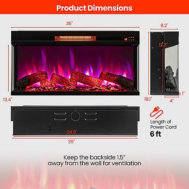 36 Inch 3-Sided 1500W Electric Fireplace with 7-Color Flame-Black