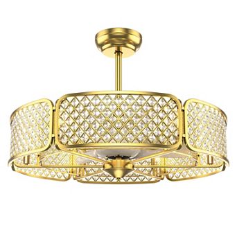 30-Inch Caged Ceiling Fan with Crystal Lampshade & 6 Lights - Gold