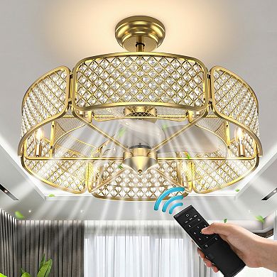 30-Inch Caged Ceiling Fan with Crystal Lampshade & 6 Lights - Gold