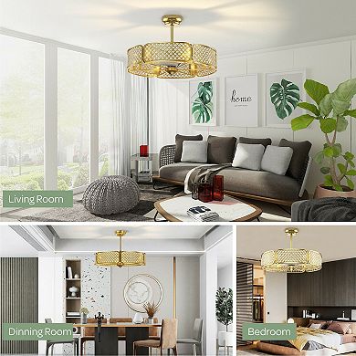 30-Inch Caged Ceiling Fan with Crystal Lampshade & 6 Lights - Gold