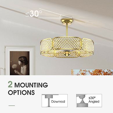 30-Inch Caged Ceiling Fan with Crystal Lampshade & 6 Lights - Gold