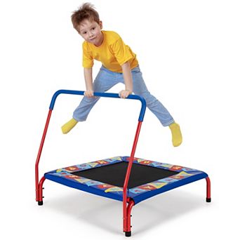 Kids Trampoline with Safety Handle and Educational Cover for Indoor or Outdoor Use