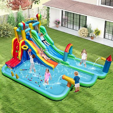 Inflatable Water Slide Park Bounce House With Dual Slides and 750W Blower