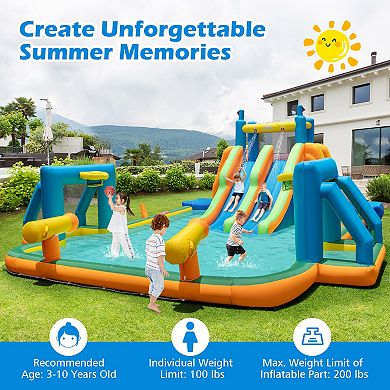 Inflatable Water Park with Blower and Dual Slides, Backyard Splash Bouncer
