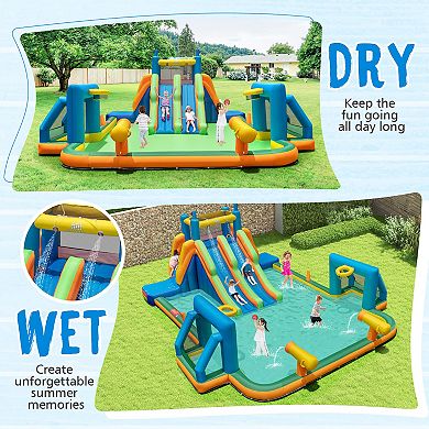Inflatable Water Park with Blower and Dual Slides, Backyard Splash Bouncer