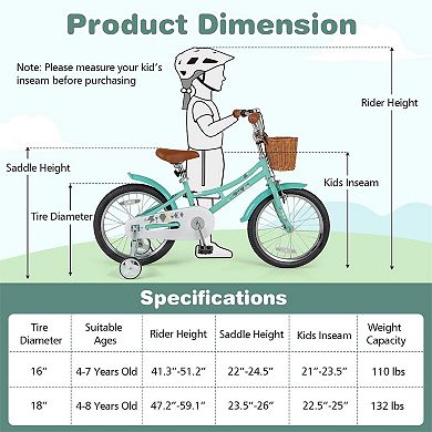 Kids Bike with Training Wheels, Basket and Bell for Ages 4-8, 16 or 18 Inch