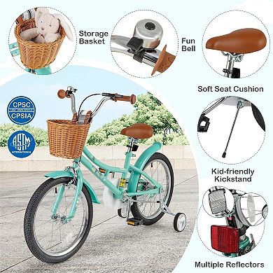 Kids Bike with Training Wheels, Basket and Bell for Ages 4-8, 16 or 18 Inch