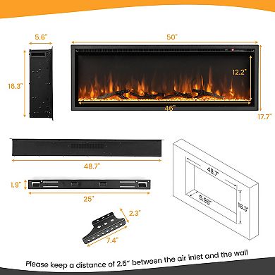 50 Inches Electric Fireplace in-Wall Recessed with Remote Control