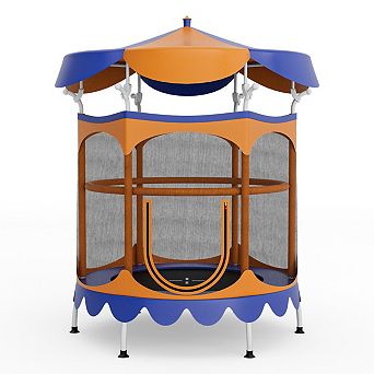 64 Inch Kids Trampoline with Detachable Canopy and Safety Enclosure Net-Orange