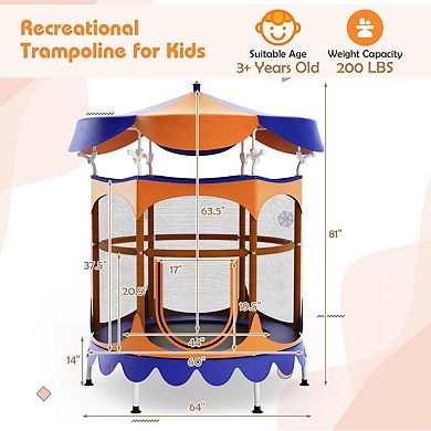 64 Inch Kids Trampoline with Detachable Canopy and Safety Enclosure Net-Orange